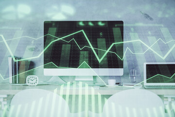 Multi exposure of stock market chart drawing and office interior background. Concept of financial...