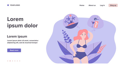 Happy woman choosing between tropical island and cocktail. Beach, bar, resort flat vector illustration. Choice, summer vacation concept for banner, website design or landing web page