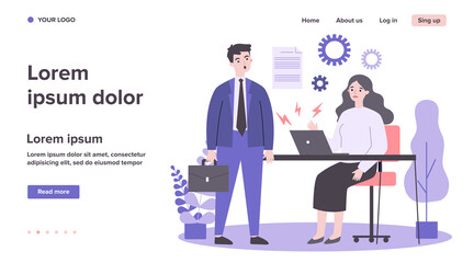 Businessman and businesswoman with broken laptop. Employees failed reading document flat vector illustration. Technology and office work concept for banner, website design or landing web page