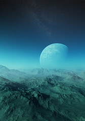 Naklejka na ściany i meble 3d rendered Space Art: Alien Planet - A Fantasy Landscape with blue skies and clouds