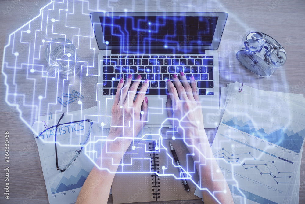 Poster double exposure of woman working on computer andhuman brain hologram drawing. top view. ai concept.