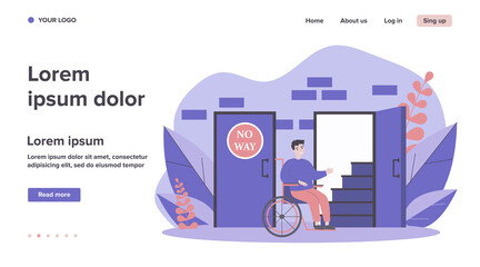 Handicapped man in wheelchair looking at staircase. Help, restriction, inability flat vector illustration. Social problem and assistance concept for banner, website design or landing web page - obrazy, fototapety, plakaty