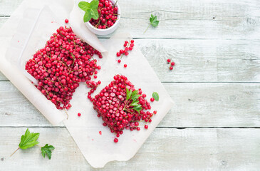 Frozen red currants berries with mint and green leaves on shabby wooden table
