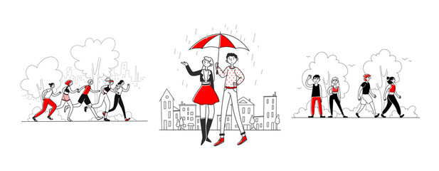 Outdoor activities set. People walking In rain, hiking in park, jogging. Flat illustrations. Leisure time outdoors, active lifestyle concept for banner, website design or landing web page