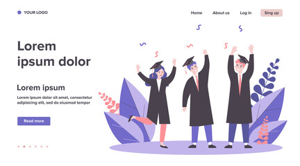 Happy students celebrating graduation from university. College, bachelor, diploma flat vector illustration. Education and learning concept for banner, website design or landing web page