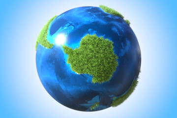 Antarctica continent covered with green grass on the Earth globe. Global warming related conceptual 3D rendering