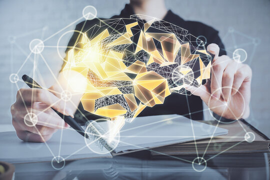 Double exposure of man hands typing on computer with credit card and brain theme drawing. E-commerce and AI concept.