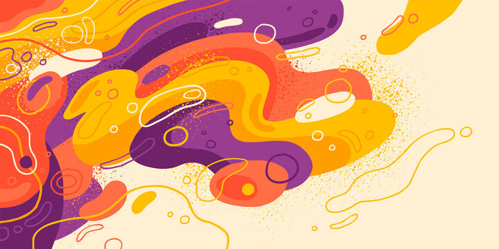 Abstract style illustration, made of various fluid and splattered shapes in colors. Vector illustration.
