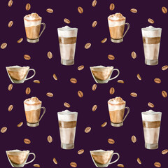 Watercolor seamless pattern with illustrations of coffee cup, coffee beans, coffee grinder, cappuccino, latte