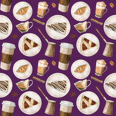 Watercolor seamless pattern with illustrations of coffee cup, coffee beans, coffee grinder, cappuccino, latte and desserts