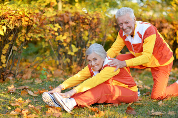 Fototapeta premium Happy senior couple doing exercises in autumnal park