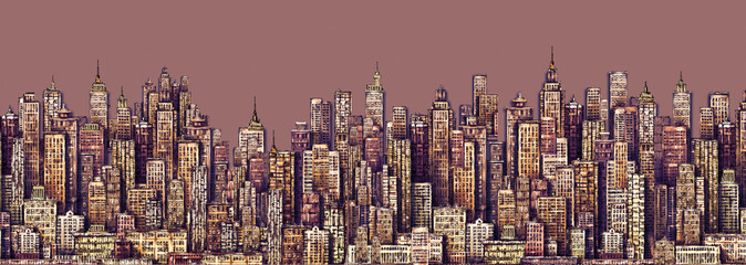 City skyline. Hand drawn Illustration with architecture, skyscrapers, megapolis buildings downtown