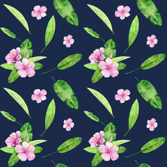 Watercolor illustration seamless pattern of tropical leaves and flower hibiscus. Perfect as background texture, wrapping paper, textile or wallpaper design. Hand drawn
