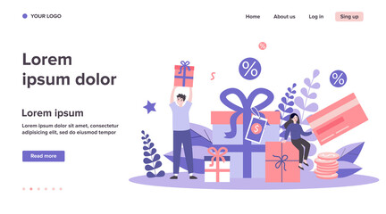 Customers getting gifts and rewards for purchases. Tiny people holding presents, bonus card with tags. Can be used for promotion, sale, discount, loyalty program concept