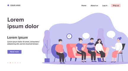 Group therapy conversation. Men and women sitting on couch together, discussing addiction problems with psychologist. Can be used for support session, counseling concept