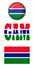 Set of icons of the flags of Gambia on a white background. Vector image: flag of Gambia, the button and the abbreviation. You can use it to create a website, print brochures or a guide book.