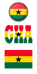 Icons of the flag of Republic Ghana on a white background. Vector image: flag of Republic Ghana, the button and the abbreviation. You can use it to create a website, print brochures, booklets, flyers.