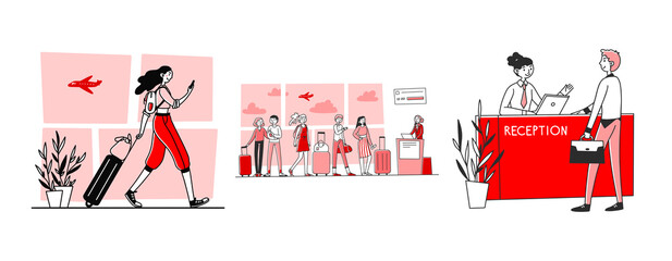 Tourists in airport set. Passengers wheeling luggage, queue, reception. Flat illustrations. Travel, vacation, check in to flight concept for banner, website design or landing web page