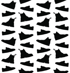 Vector seamless pattern of black different hand drawn doodle sketch shoes silhouette isolated on white background