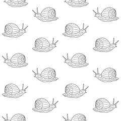 Vector seamless pattern of black hand drawn doodle sketch snail isolated on white background
