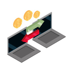 isometric money cash currency laptop connected transfer banking isolated on white background flat icon