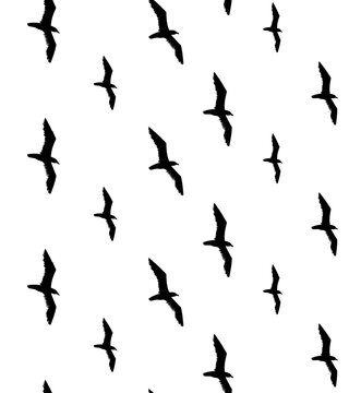Vector seamless pattern of black seagull birds flock silhouette isolated on white background