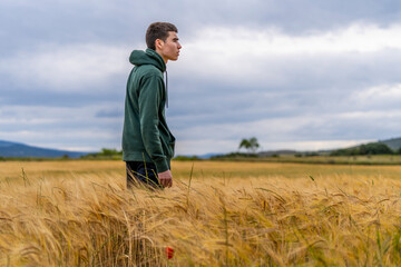 Naklejka na ściany i meble boy in sportswear in a wheat field strolls thoughtfully into the sunset