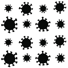 Vector seamless pattern of black hand drawn doodle sketch coronavirus covid 19 cell silhouette isolated on white background