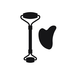 Vector flat black quartz face massage Roller and Gua Sha silhouette Set isolated on white background