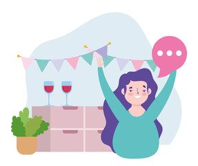 online party, birthday or meeting friends, woman with wine cups talking and celebrating