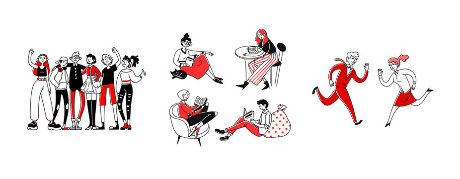 Communication types set. Reading book or newspaper, friends, business competitors. Flat illustrations. Friendship, competition, library concept for banner, website design or landing web page