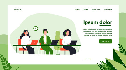 Smiling call center operators in office flat vector illustration. Cartoon characters with headsets and laptops supporting customers. Company support service and hotline concept