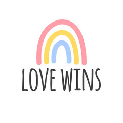 Vector hand drawn doodle sketch lgbt love wins lettering with rainbow isolated on white background