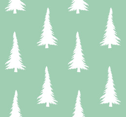 Obraz premium Vector seamless pattern of white hand drawn sketch spruce tree silhouette isolated on mint green background