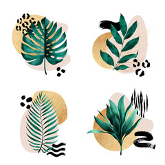 Set of abstract compositions of tropical plant leaves, golden geometric figures and animal pattern.