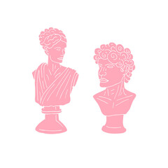 Vector hand drawn doodle sketch pink antique man and woman bust statue isolated on white background