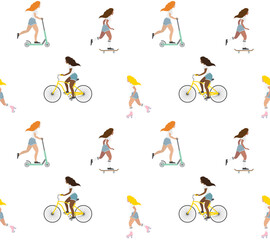 Vector seamless pattern of different flat cartoon women girls riding bicycle skateboard and other activities isolated on white background