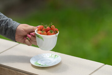 The girl holds in her hands a white cup with strawberries. Good summer morning. Copy space
