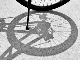 Light and shadow of the wheel bicycle on the road surface.