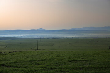 Fototapeta na wymiar Foggy valley, in sunrise.