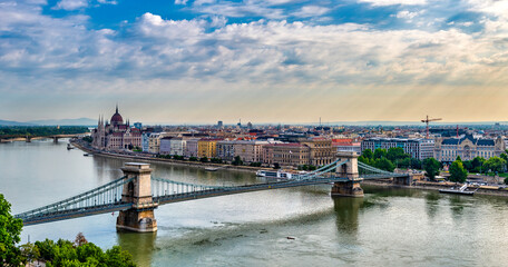 Panorama of Budapest with the chain bridge over the Danube in the foreground