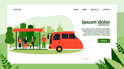 Passengers standing at bus stop. Businessman, senior man, student waiting vehicle. Vector illustration for city transportation, commuters, urban life concept