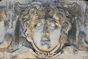 The ancient city of Didyma, Turkey - BC The marble relief of the Monster Medusa in the Temple of Apollo, made between 2-5 centuries.