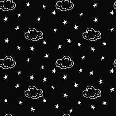 Seamless pattern with white contour clouds and stars on a black background. Vector image.