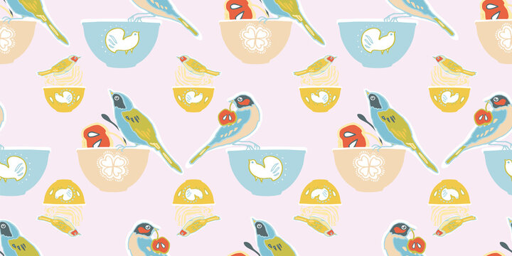 Vector geometric vintage kitchen utensil pattern, cute birds and bowl, trendy design on pink background. Retro vintage. Seamless vector pattern. For fabric, wallpaper, giftwrap or postcard design