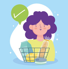 online market, woman with shopping basket check mark, food delivery in grocery store