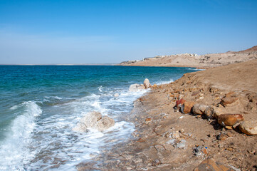 Fototapeta na wymiar View of Dead sea coastline on Jordanian side