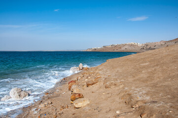 View of Dead sea coastline on Jordanian side