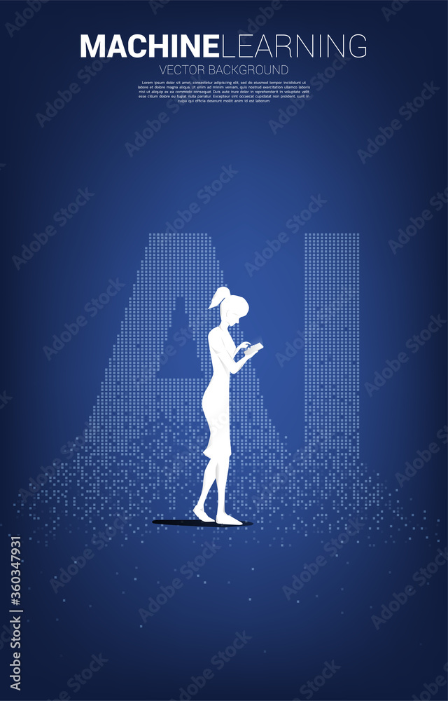 Aufkleber Silhouette of man use mobile phone with AI wording from pixel transform. concept of machine learning and Artificial Intelligence technology