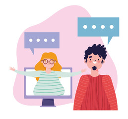 online party, birthday or meeting friends, woman and man talking distance by computer